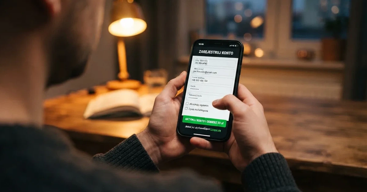 Smartfon z formularzem zakładania konta gracza i zakładką aktywacji środków bonusowych w sekcji konta