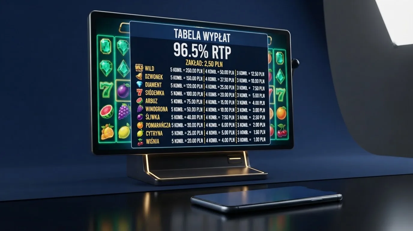 ekran automatu online z otwartą tabelą wypłat pokazującą wartość procentową RTP