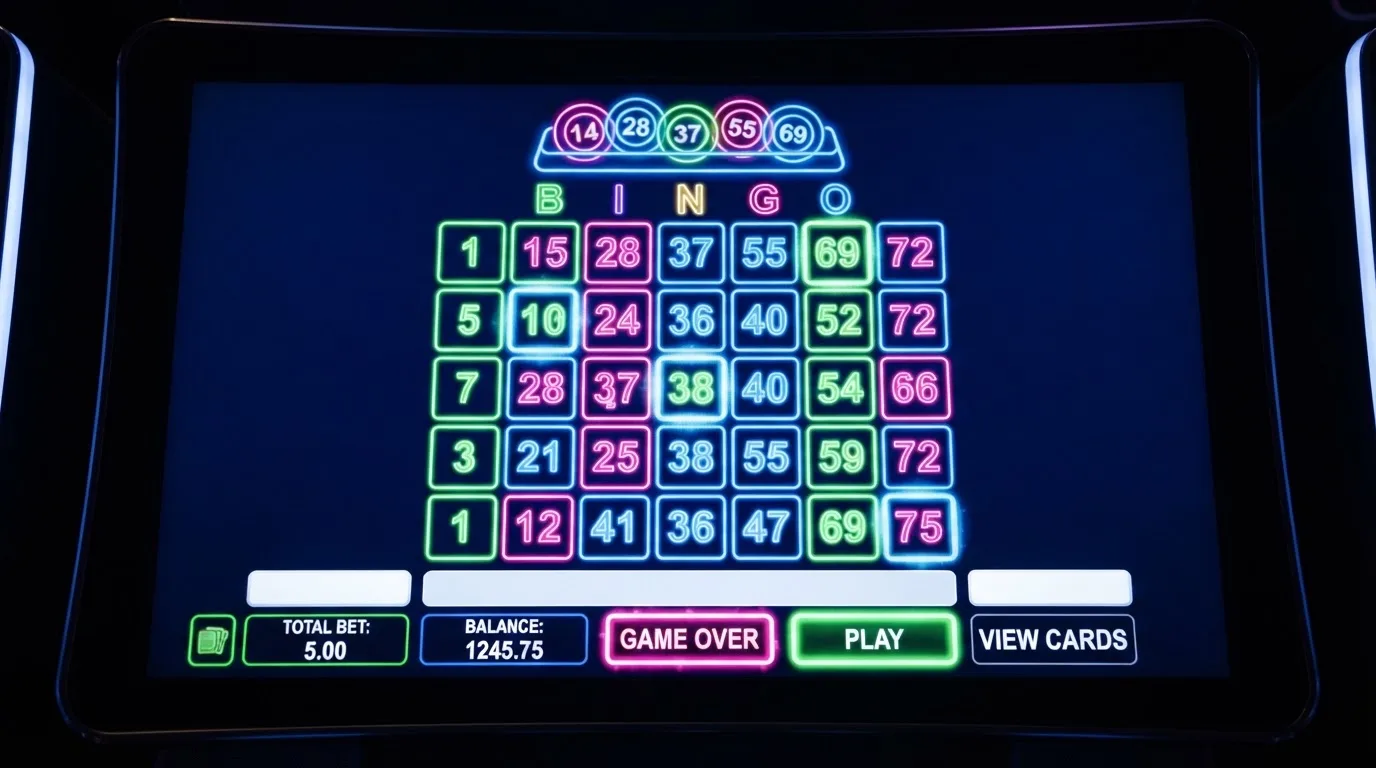 Ekran automatu do gry z kolorową planszą w stylu bingo i podświetlonymi liczbami