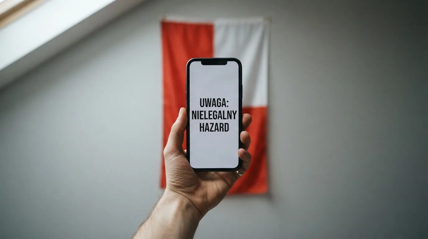 Dłoń trzymająca telefon z widocznym komunikatem ostrzegawczym o legalności hazardu online na tle biało-czerwonej flagi Polski.