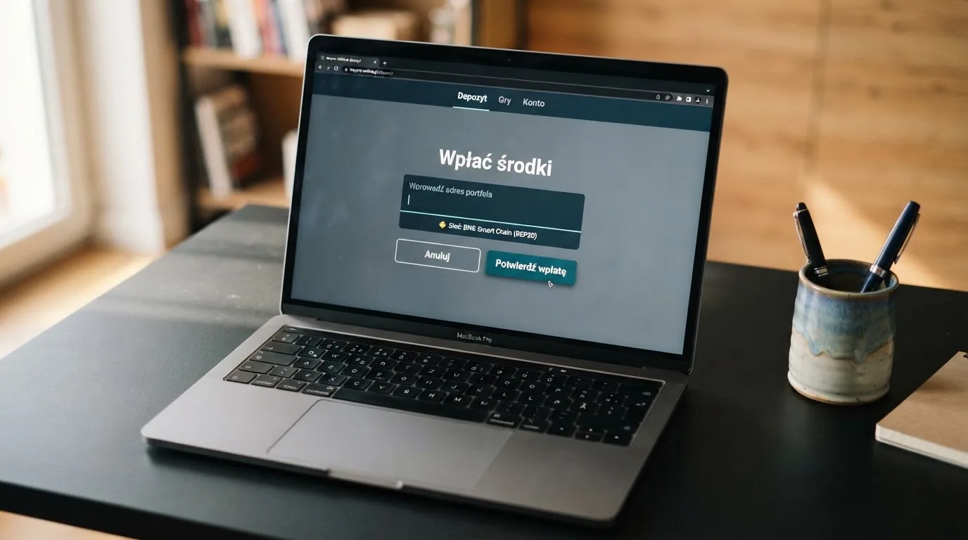 Zbliżenie na formularz wpłaty w kasynie online z polem na adres portfela kryptowalutowego BNB Smart Chain.