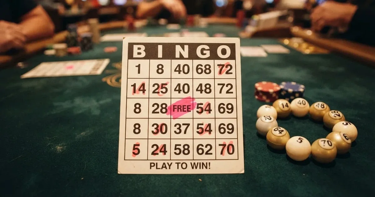 Karta do bingo z odznaczonymi liczbami obok wylosowanych kulek na stole w kasynie online