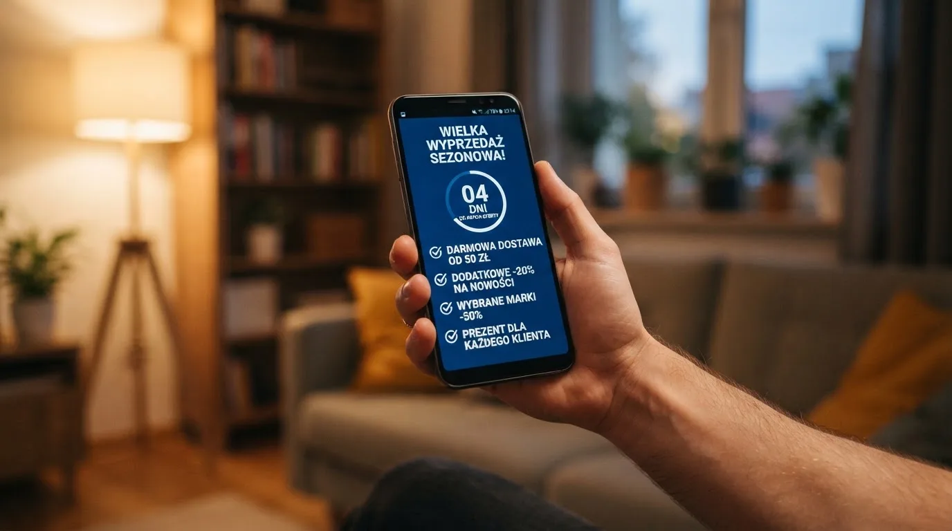 Zbliżenie na telefon z listą warunków promocji i licznikiem odliczającym dni do końca oferty