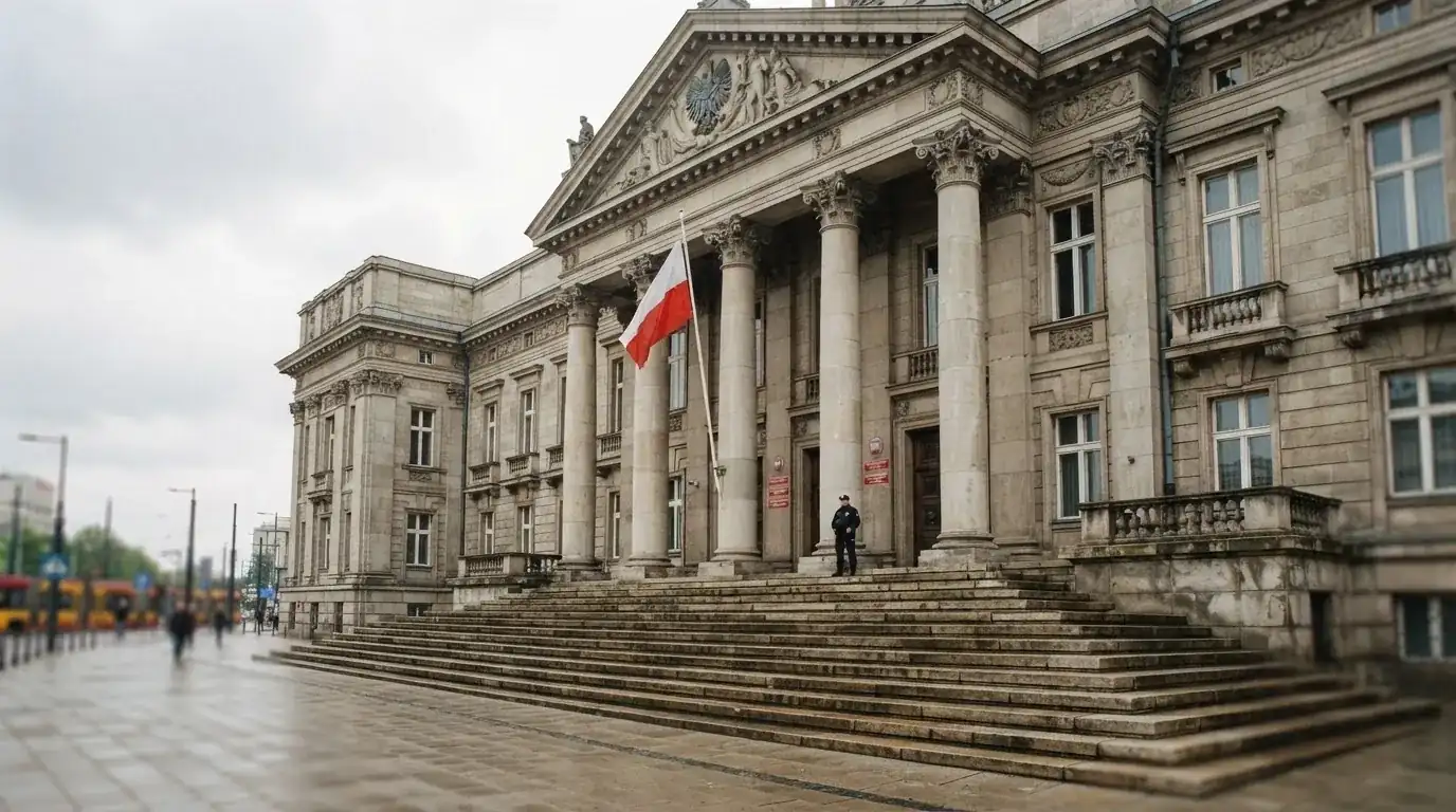 Fasada budynku instytucji państwowej z flagą Polski, symbol nadzoru regulatora nad rynkiem gier hazardowych