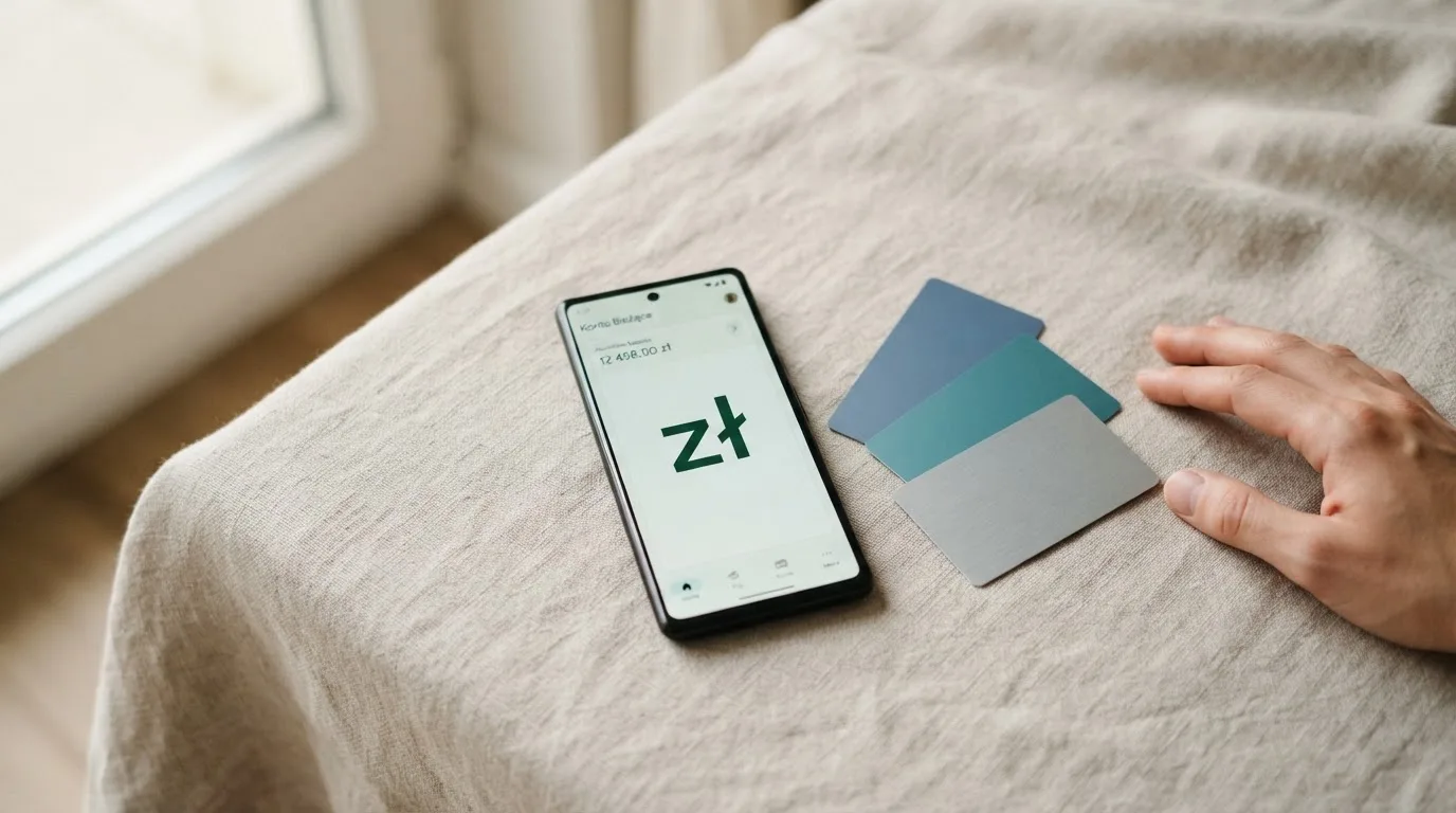 Ikony popularnych elektronicznych portfeli płatniczych obok telefonu z otwartą aplikacją bankową
