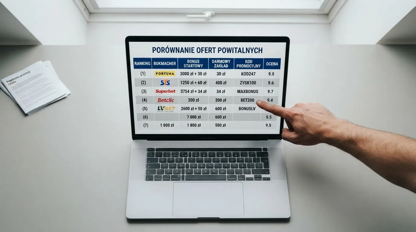 Widok z góry na laptop z otwartą tabelą porównawczą ofert powitalnych kilku serwisów kasynowych