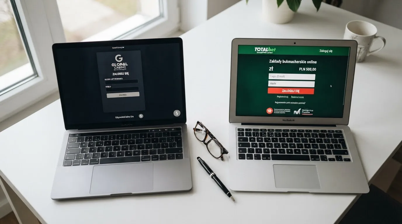 Dwa ekrany logowania kasyna online obok siebie na biurku, jeden z polskim interfejsem złotówkowym, symbolizujące porównanie dwóch różnych serwisów