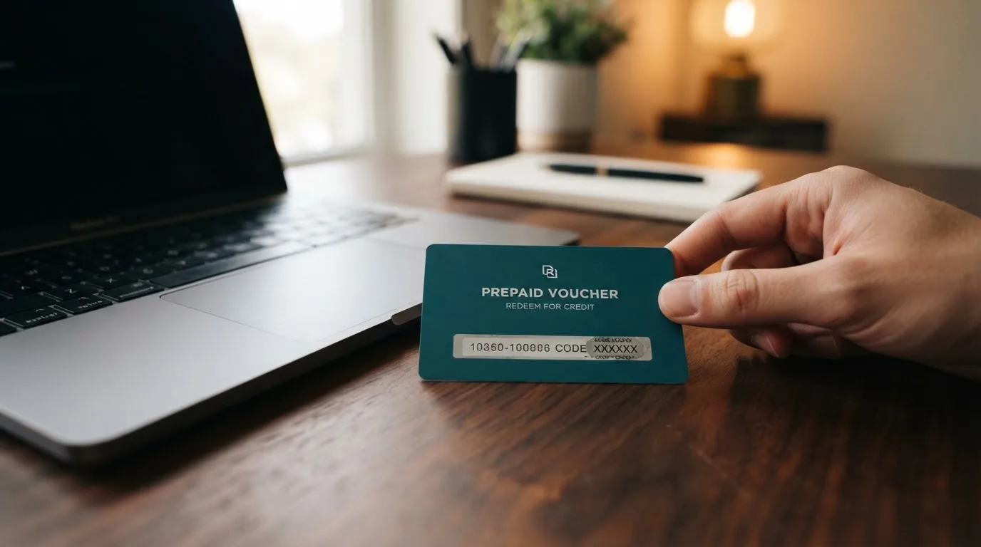 Karta przedpłacona Paysafecard z zasłoniętym polem kodu PIN obok klawiatury laptopa