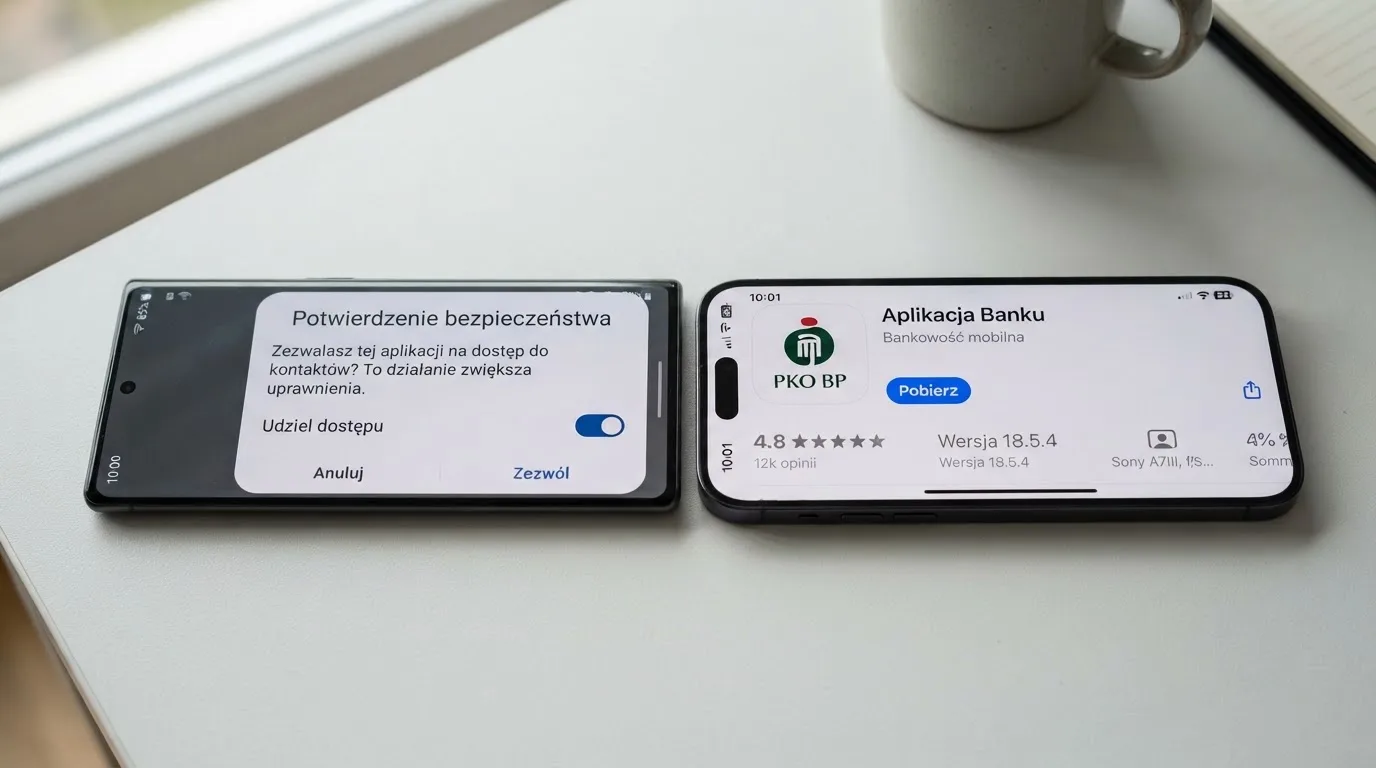 Dwa telefony obok siebie: na jednym komunikat zgody na instalację pliku APK z nieznanego źródła, na drugim strona aplikacji w sklepie z przyciskiem pobierania