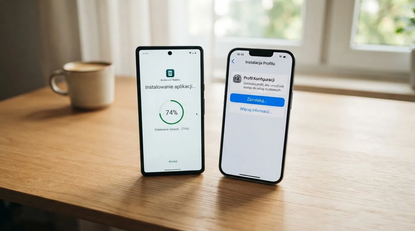 Dwa iPhone'y obok siebie: na jednym instalacja aplikacji ze sklepu App Store, na drugim ekran ustawień z prośbą o zainstalowanie profilu konfiguracyjnego