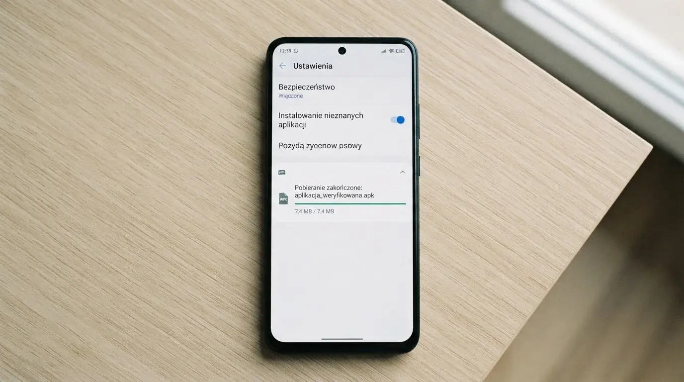 Ekran ustawień Androida z przełącznikiem zgody na instalację aplikacji z nieznanego źródła i pobranym plikiem instalacyjnym na liście