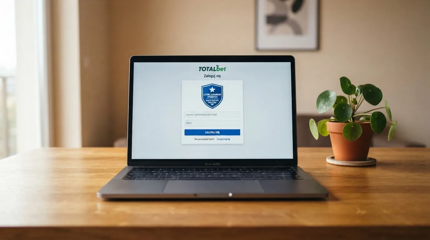 Strona logowania oficjalnej platformy Total Casino na ekranie laptopa, jedynego legalnego kasyna online w Polsce