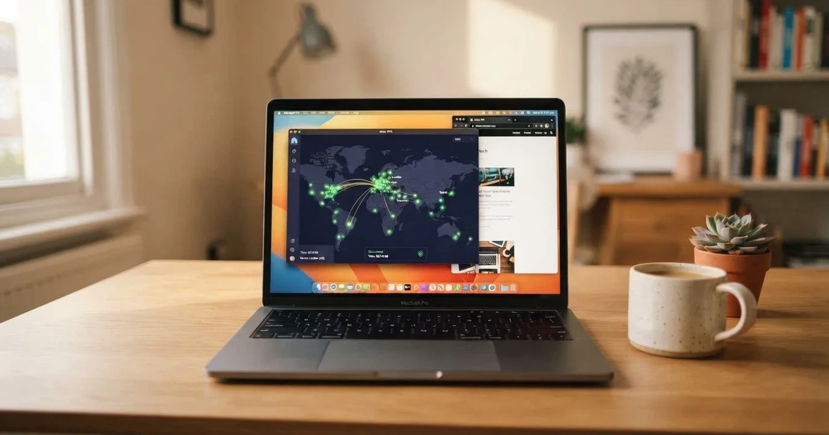 Laptop na biurku z włączoną aplikacją VPN i mapą serwerów w kilku krajach obok otwartej przeglądarki