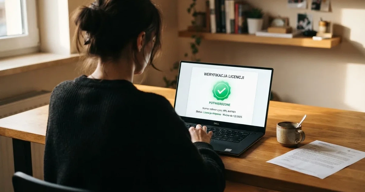 Zbliżenie ekranu z wynikiem wyszukiwania certyfikatu licencji na oficjalnym portalu regulatora, z widocznym numerem licencji i statusem