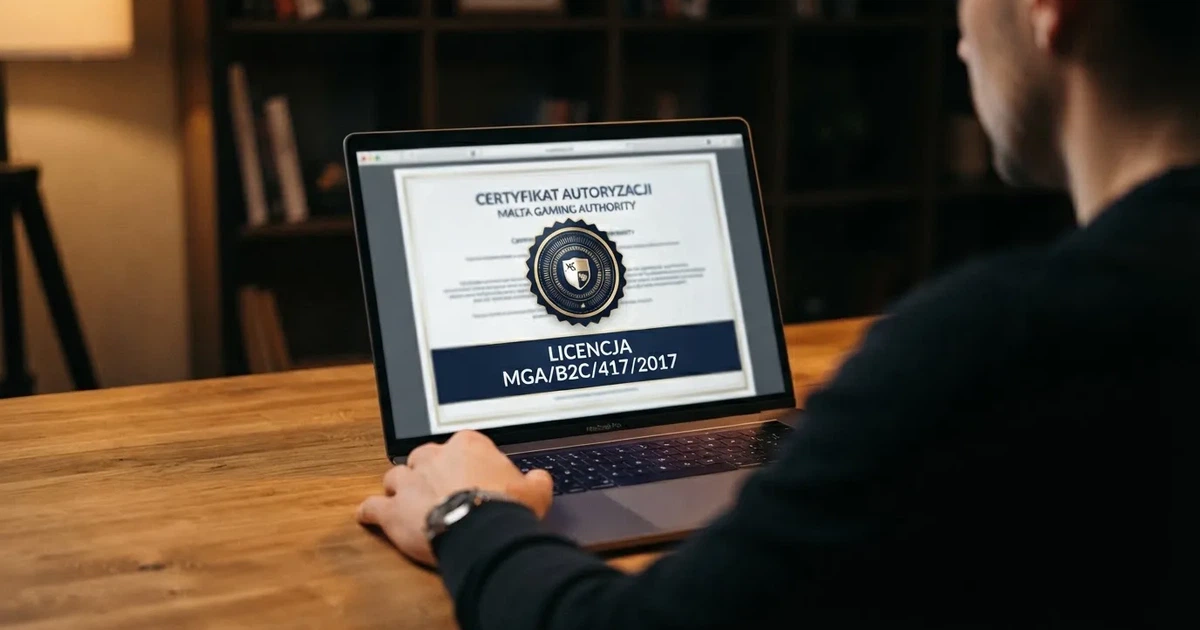 Zbliżenie na pieczęć weryfikacyjną licencji hazardowej wyświetloną na ekranie komputera