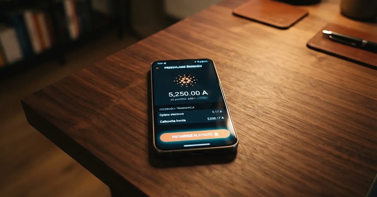Ekran aplikacji portfela kryptowalutowego w trakcie wysyłania przelewu w sieci Cardano (ADA)