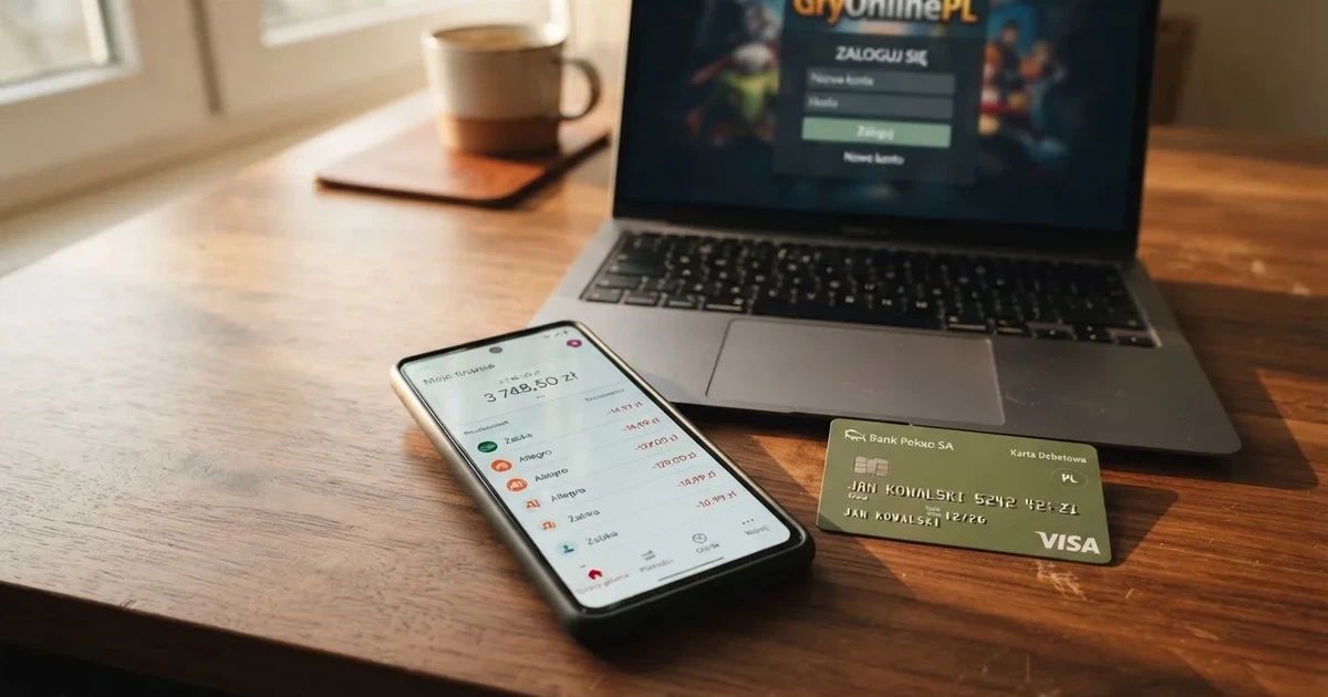 Ekran aplikacji bankowej na smartfonie leżącym obok karty płatniczej i otwartego na laptopie ekranu logowania do serwisu gier online