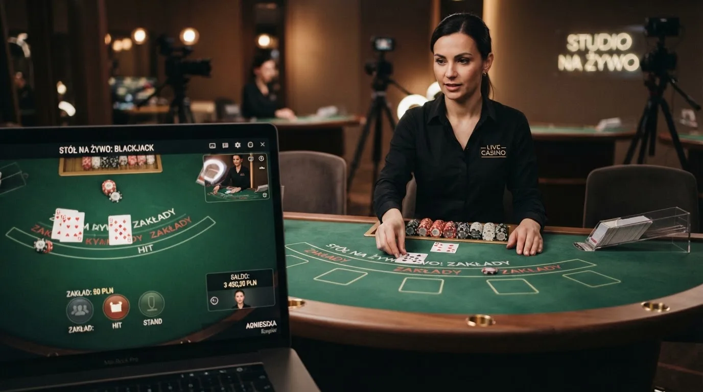 Krupier rozdający karty przy stole blackjacka podczas transmisji na żywo