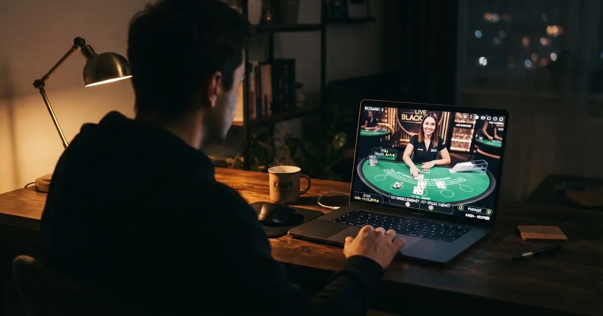 Gracz przy laptopie czyta krótkie wyjaśnienie, czym jest kasyno na żywo