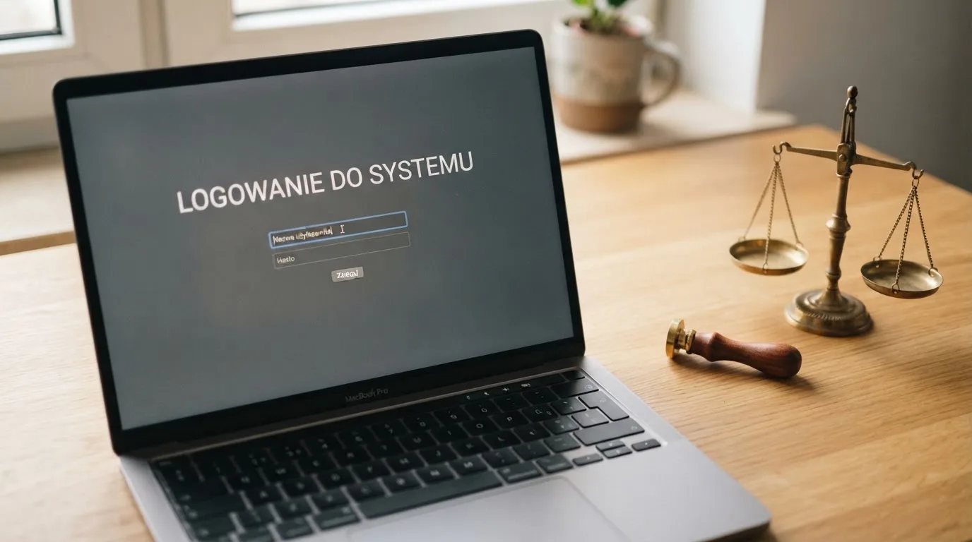 Symboliczna pieczęć urzędowa i waga obok ekranu logowania do serwisu hazardowego