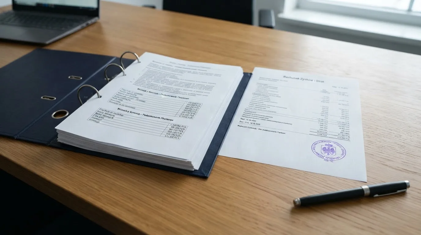 Segregator z wnioskiem o koncesję na kasyno gry, wydrukiem sprawozdania finansowego i urzędową pieczątką leżący na biurku