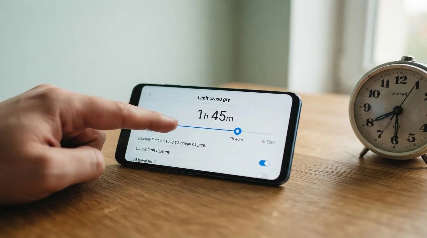 Dłoń ustawia suwak dziennego limitu czasu gry na ekranie iPhone'a leżącego na biurku obok budzika.