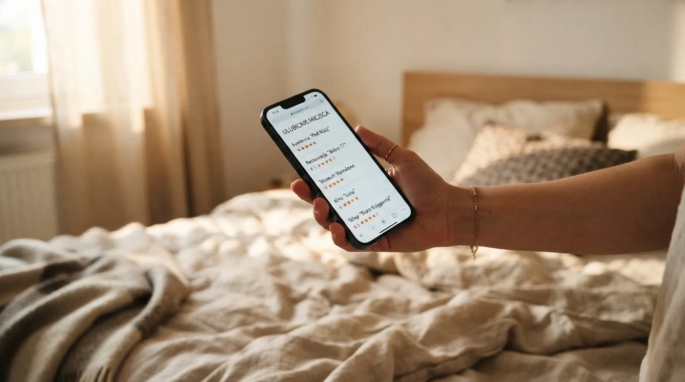 Dłoń trzyma iPhone'a z otwartą przeglądarką pokazującą listę kilku stron z ocenami kasyn w formie gwiazdek, telefon leży na łóżku.