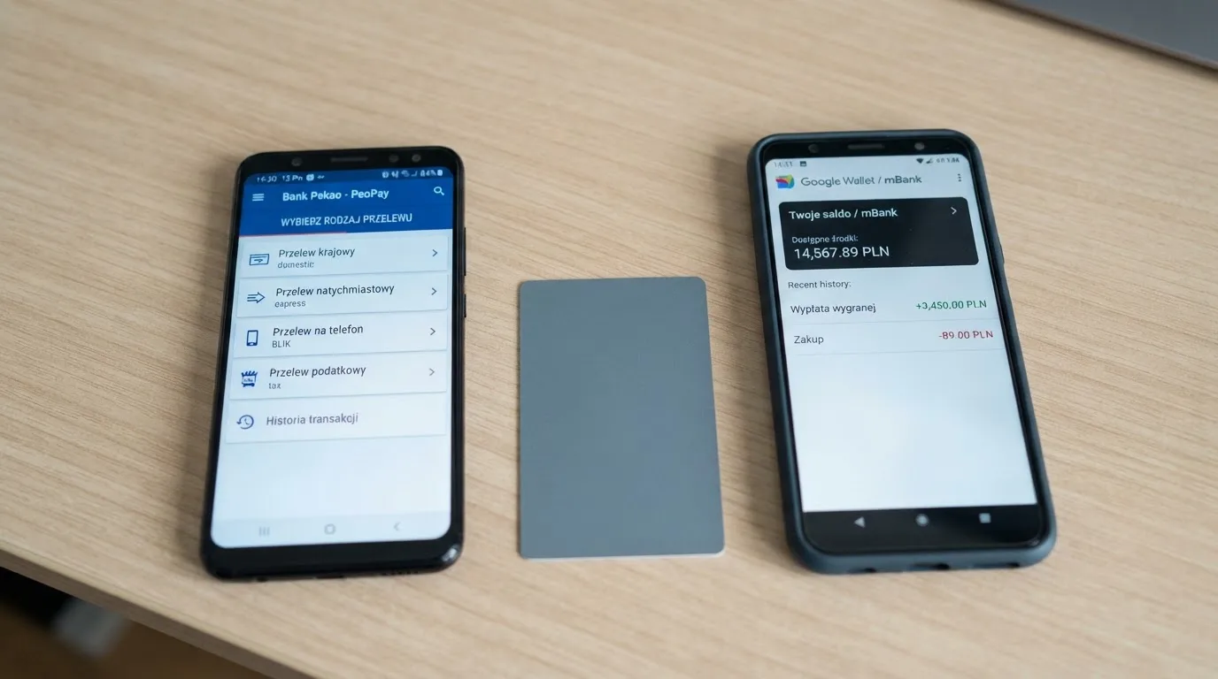 Ekran aplikacji bankowej z wyborem rodzaju przelewu, obok karta płatnicza i telefon z otwartym e-portfelem bez logotypów