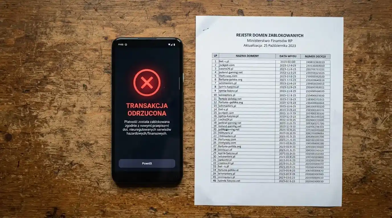Telefon z komunikatem o odrzuconej płatności na ekranie, obok wydruk tabeli z listą zablokowanych adresów stron