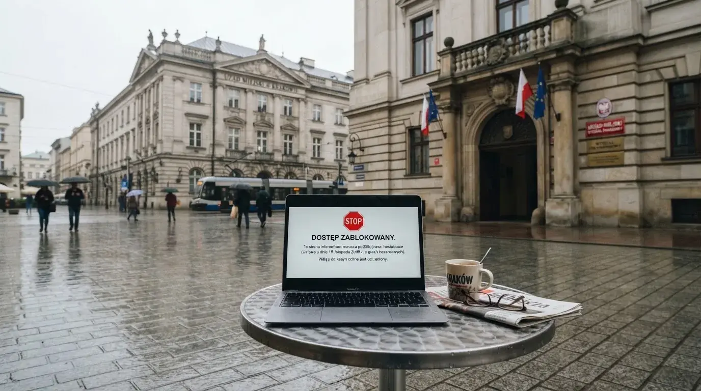 Budynek urzędu z tablicą ministerstwa, na pierwszym planie laptop z komunikatem o zablokowanej stronie kasyna