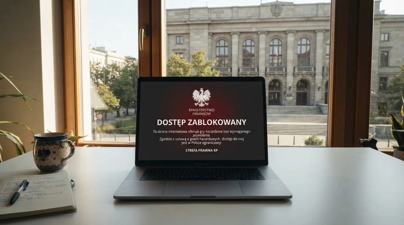 Laptop z komunikatem o zablokowanej stronie hazardowej, w tle budynek urzędu z tablicą ministerstwa