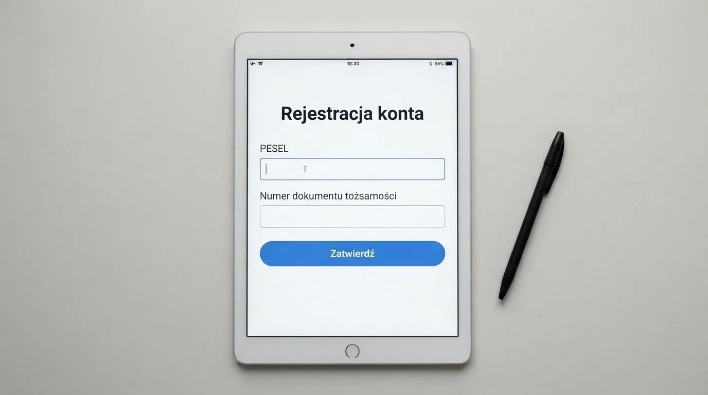 Formularz rejestracji konta gracza z polami na PESEL i numer dokumentu tożsamości na ekranie tabletu