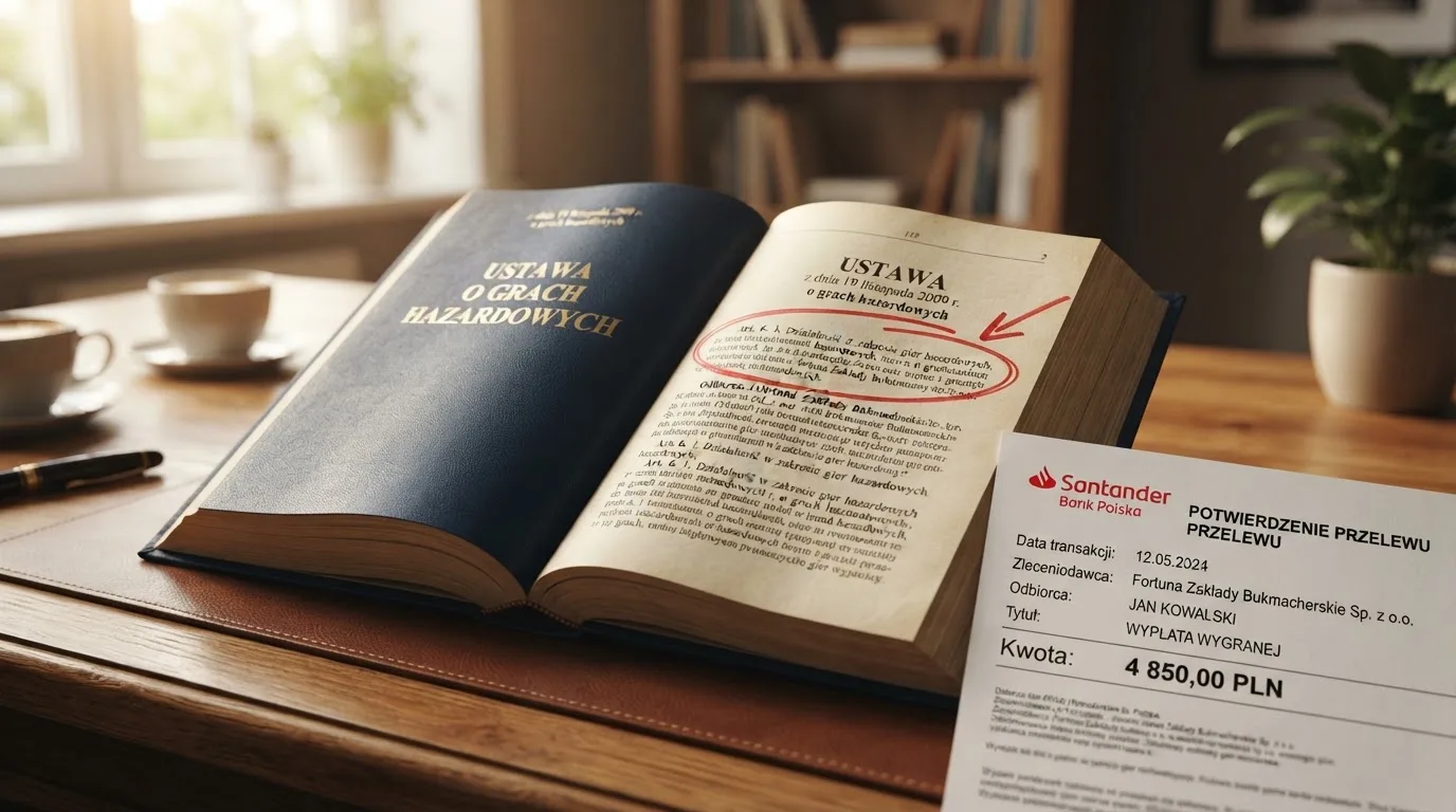 Otwarty tekst ustawy o grach hazardowych z zakreślonym artykułem, obok wydruku potwierdzenia przelewu wygranej
