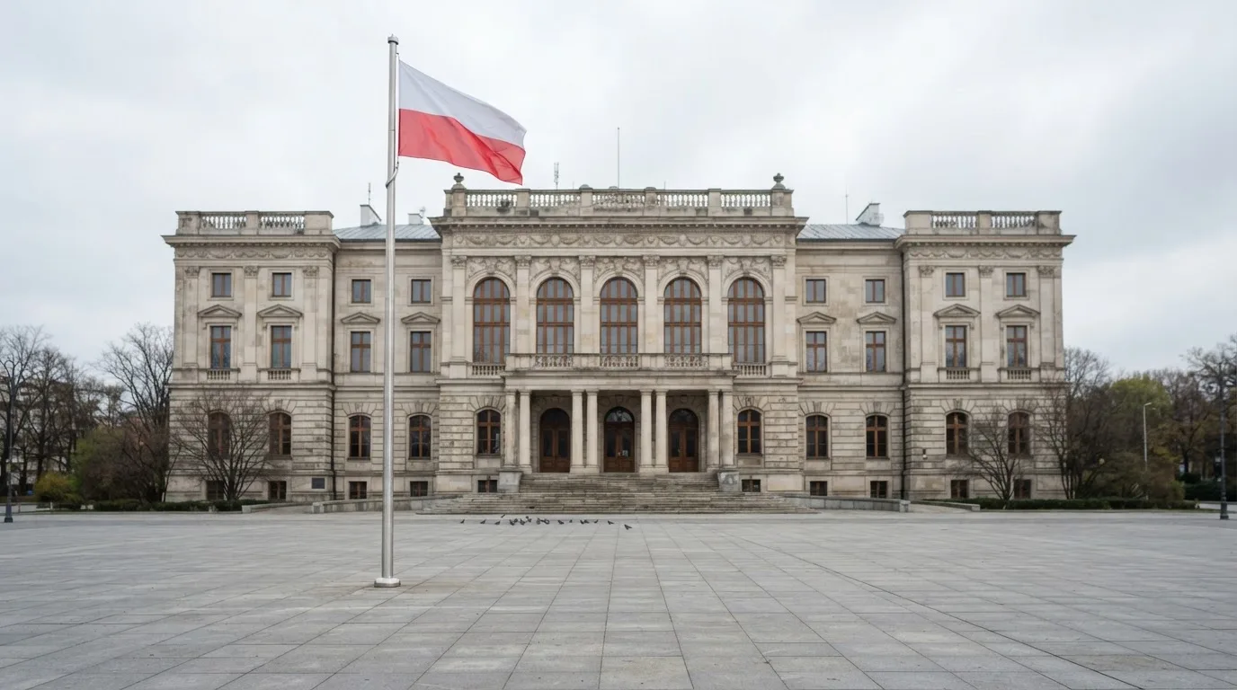 Budynek urzędu administracji państwowej z flagą Polski na maszcie w tle