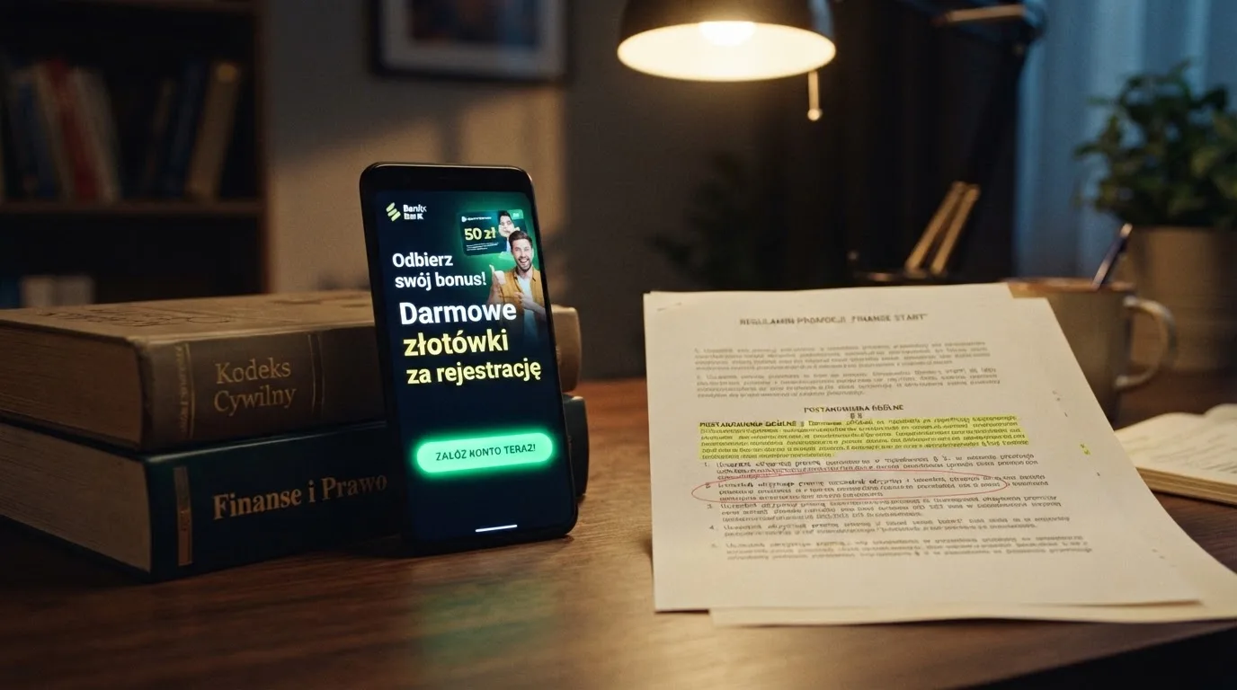 Telefon z banerem obiecującym darmowe złotówki za założenie konta, obok wydrukowany tekst ustawy o grach hazardowych z zaznaczonym artykułem