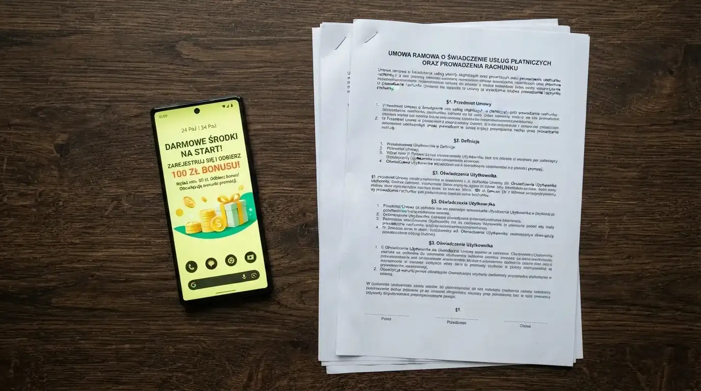 Telefon z wyskakującym banerem obiecującym darmowe złotówki za rejestrację, obok wydruk ustawy o grach hazardowych
