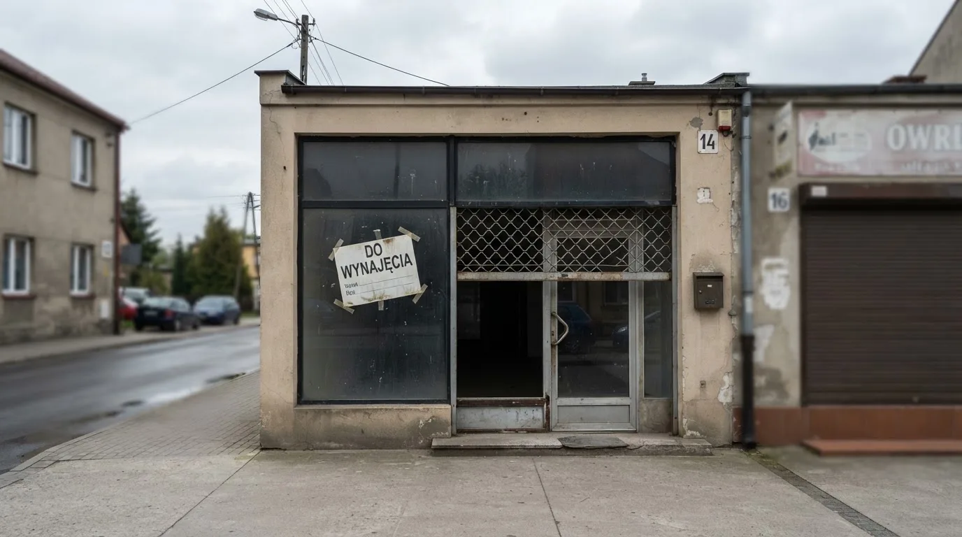 Pusty, zamknięty lokal handlowy z tabliczką „do wynajęcia”, symbolizujący brak działających salonów gry bingo pieniężne