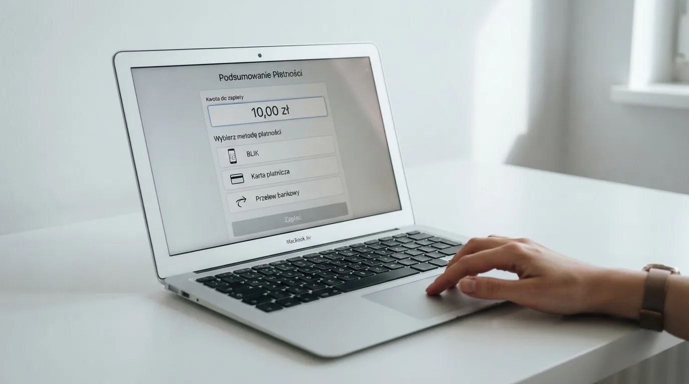 Laptop z otwartym oknem wpłaty na kwotę 10 zł i listą metod: BLIK, karta płatnicza, szybki przelew