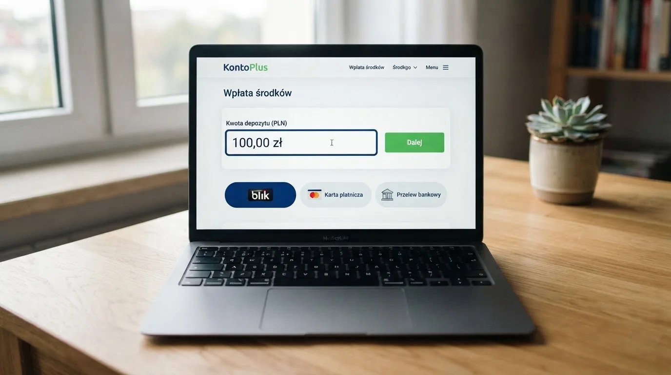 Laptop z oknem wpłaty na ePortfel, wpisana kwota 100 zł i lista metod: BLIK, karta płatnicza, szybki przelew