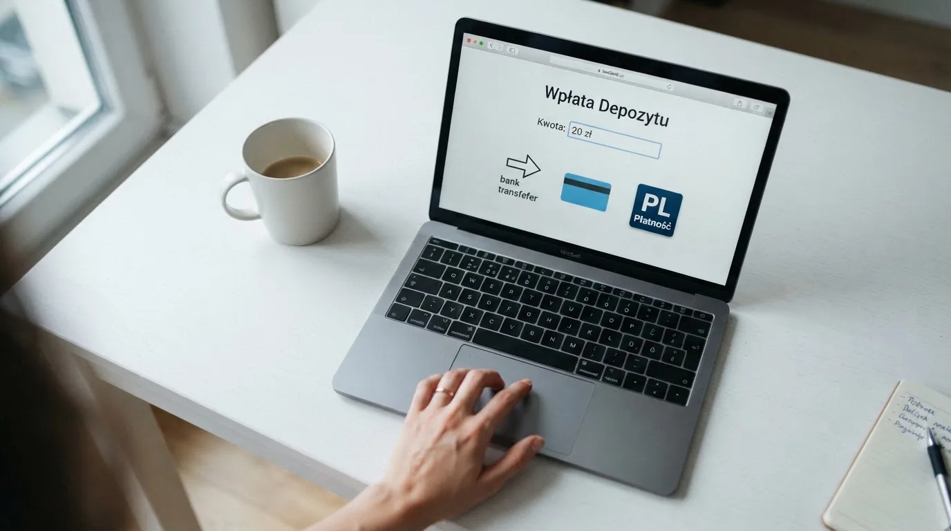 Laptop z otwartym formularzem wpłaty na kwotę 20 zł i wyborem między szybkim przelewem, kartą płatniczą a BLIK-iem