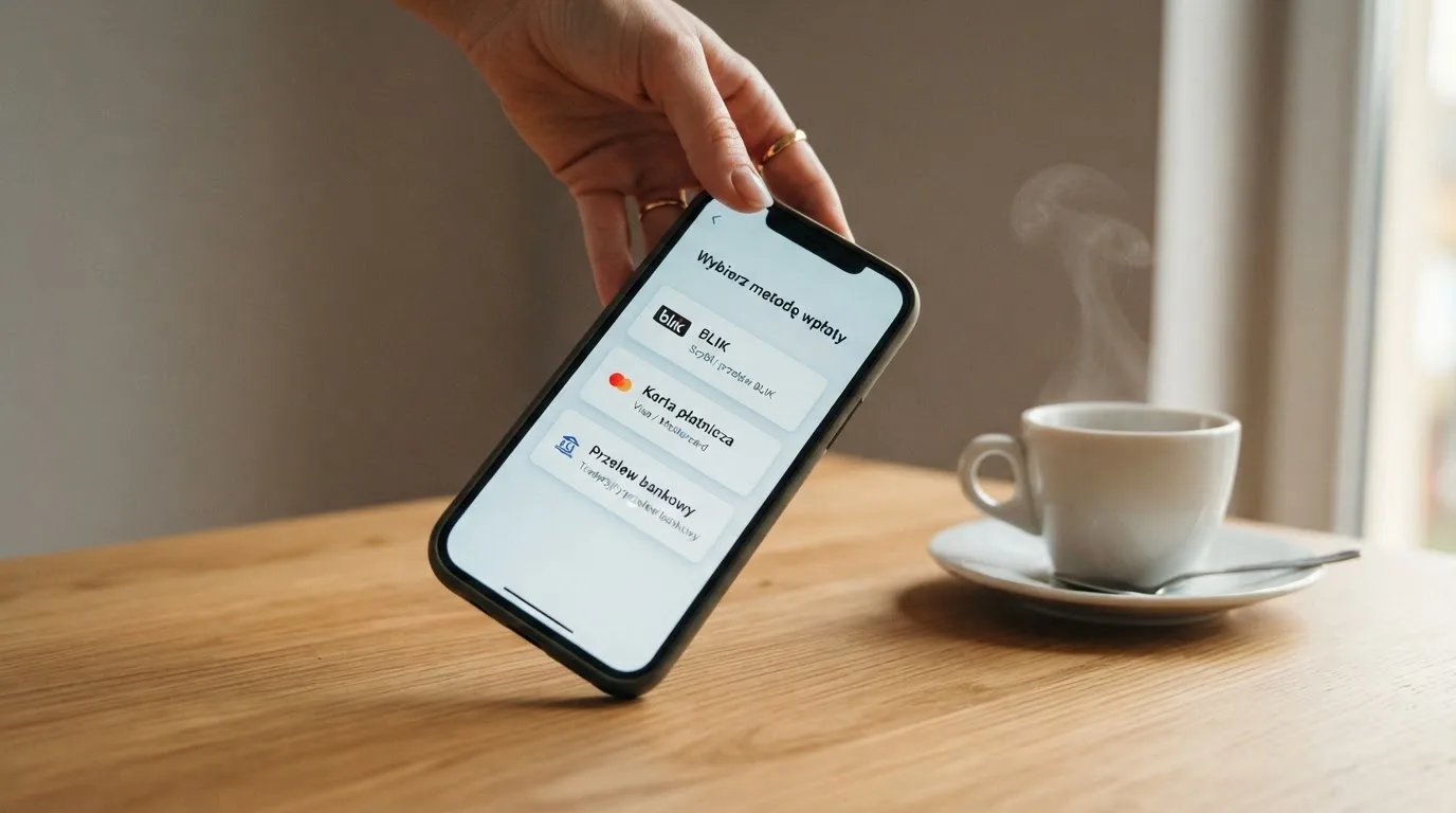 Dłoń trzyma iPhone'a z prostym ekranem wyboru metody płatności, telefon nad blatem biurka obok filiżanki kawy.